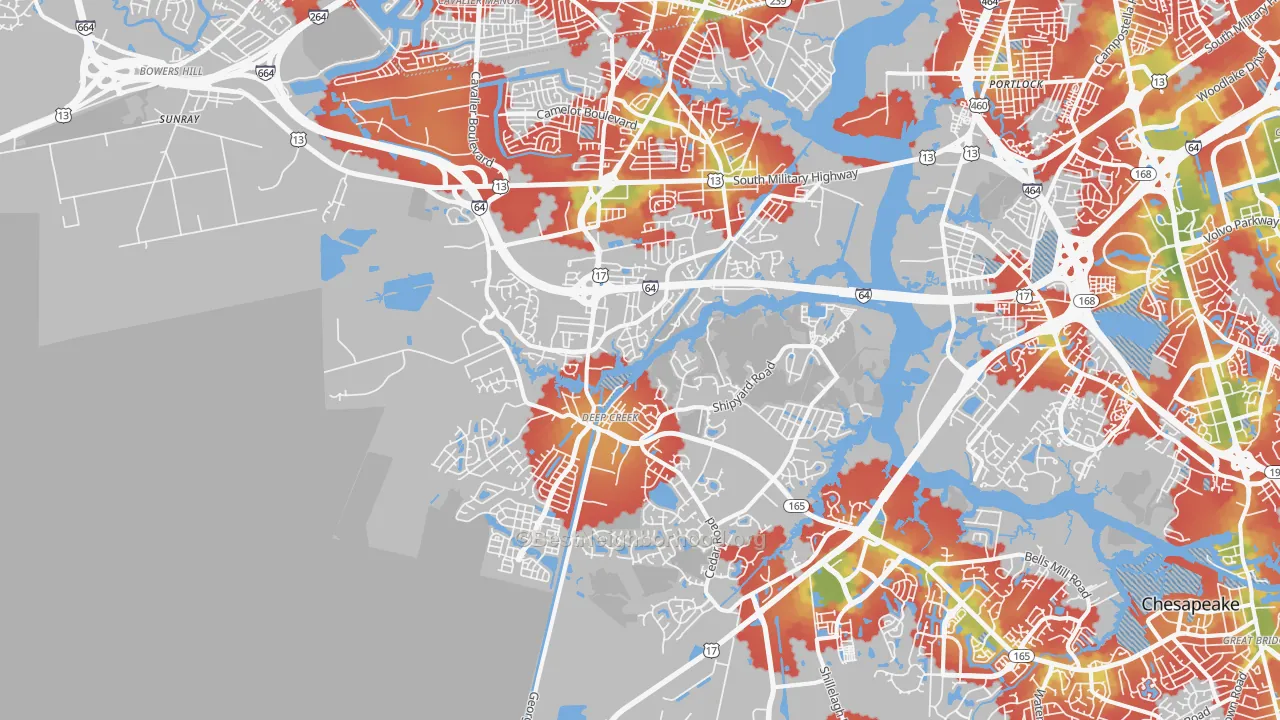 Walk Grade map of 23323, VA, walkable areas in green and car-dependent areas in red