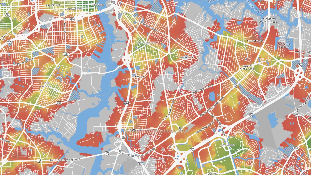 Walk Grade map of 23324, VA, walkable areas in green and car-dependent areas in red