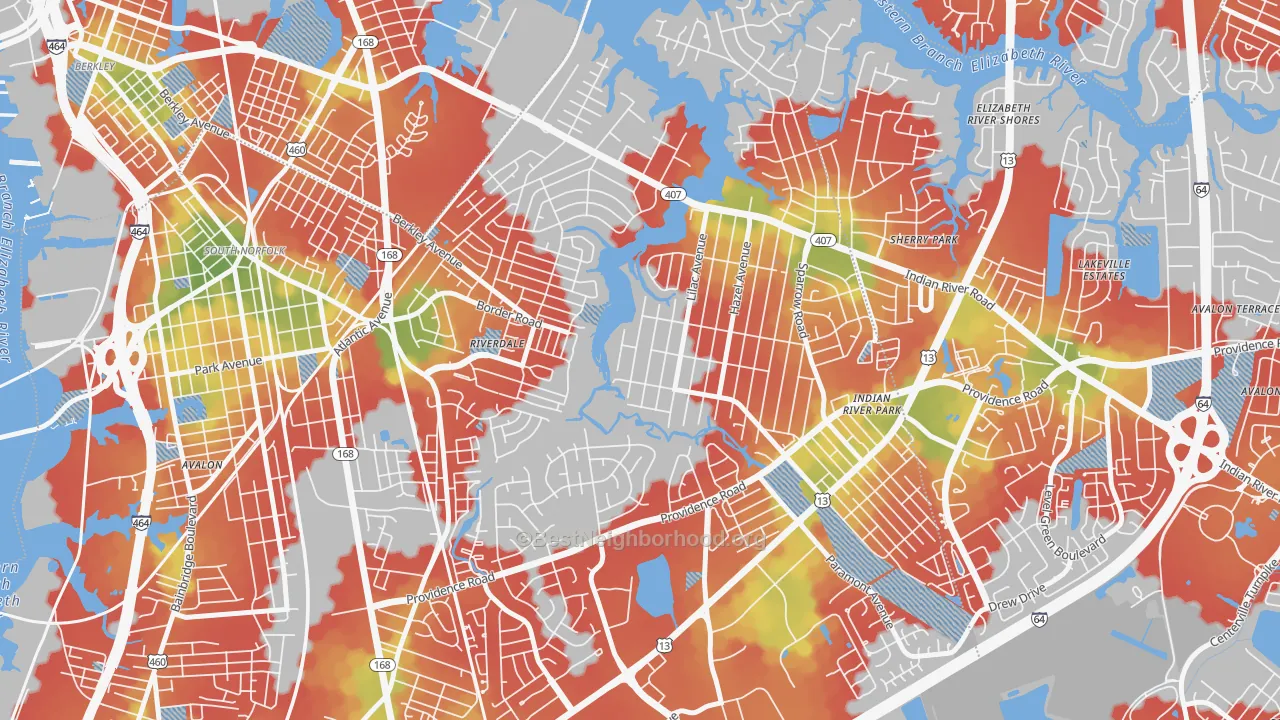 Walk Grade map of 23325, VA, walkable areas in green and car-dependent areas in red