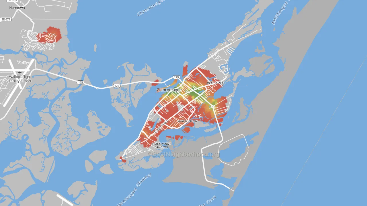 Walk Grade map of 23336, VA, walkable areas in green and car-dependent areas in red