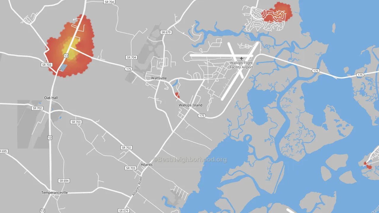Walk Grade map of 23337, VA, walkable areas in green and car-dependent areas in red