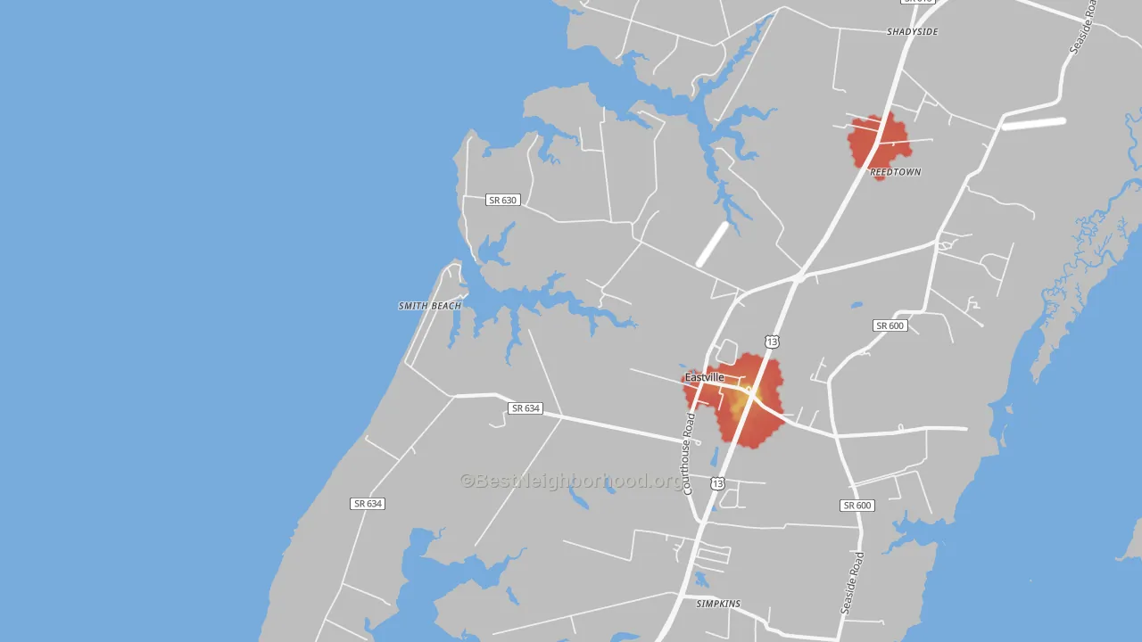 Walk Grade map of 23347, VA, walkable areas in green and car-dependent areas in red