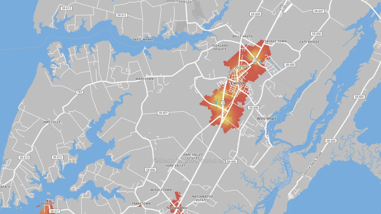 Walk Grade map of 23350, VA, walkable areas in green and car-dependent areas in red