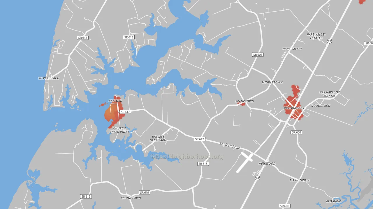 Walk Grade map of 23354, VA, walkable areas in green and car-dependent areas in red
