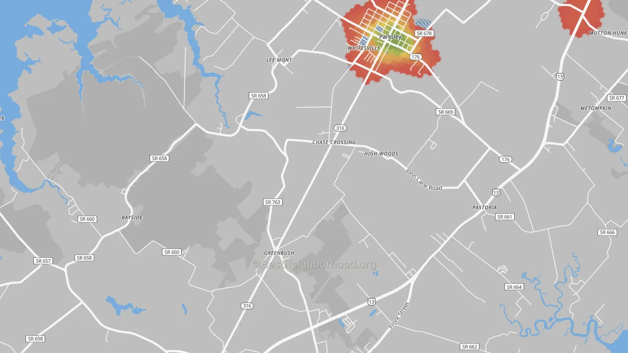 Walk Grade map of 23357, VA, walkable areas in green and car-dependent areas in red