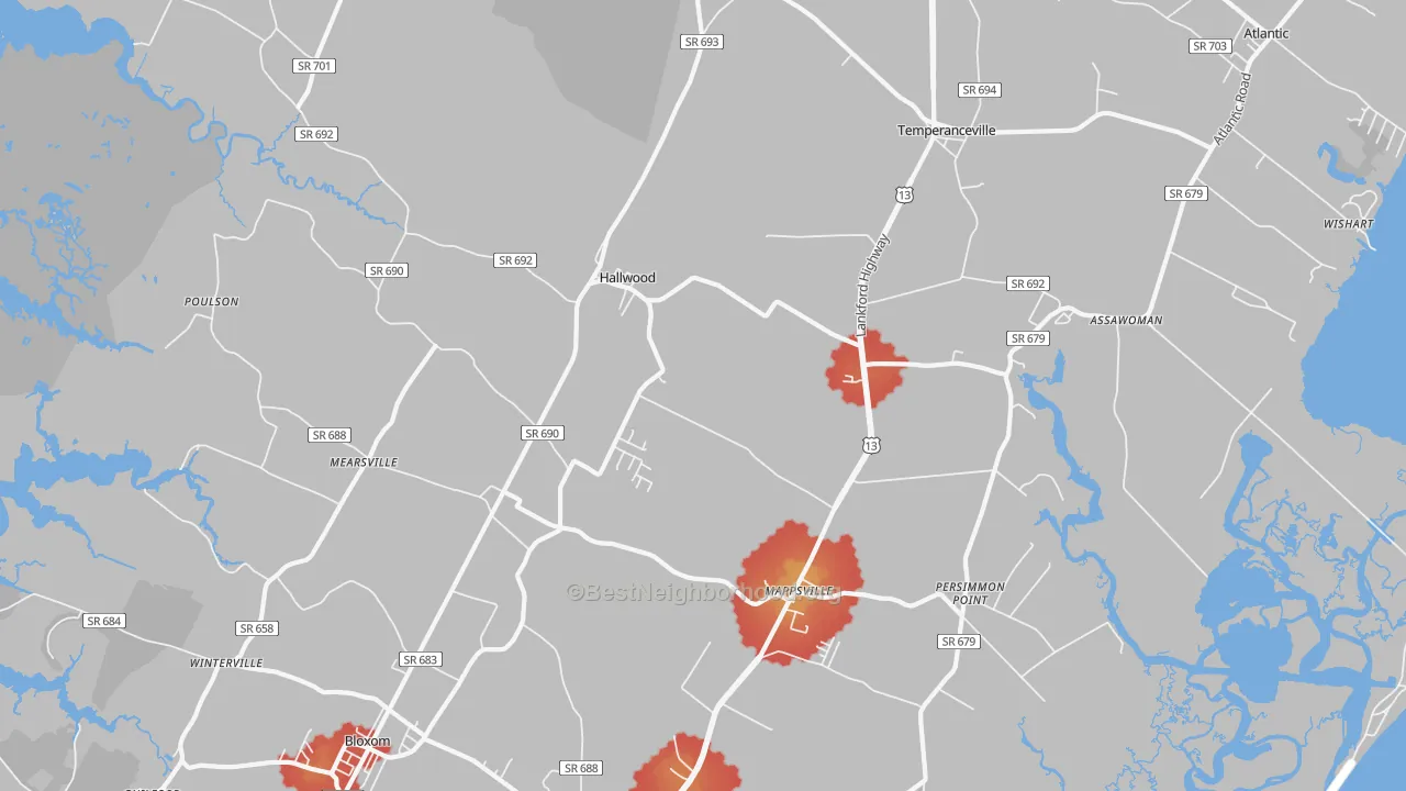 Walk Grade map of 23359, VA, walkable areas in green and car-dependent areas in red