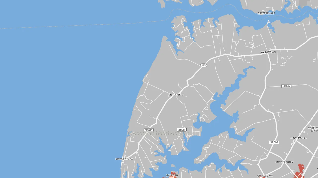 Walk Grade map of 23398, VA, walkable areas in green and car-dependent areas in red