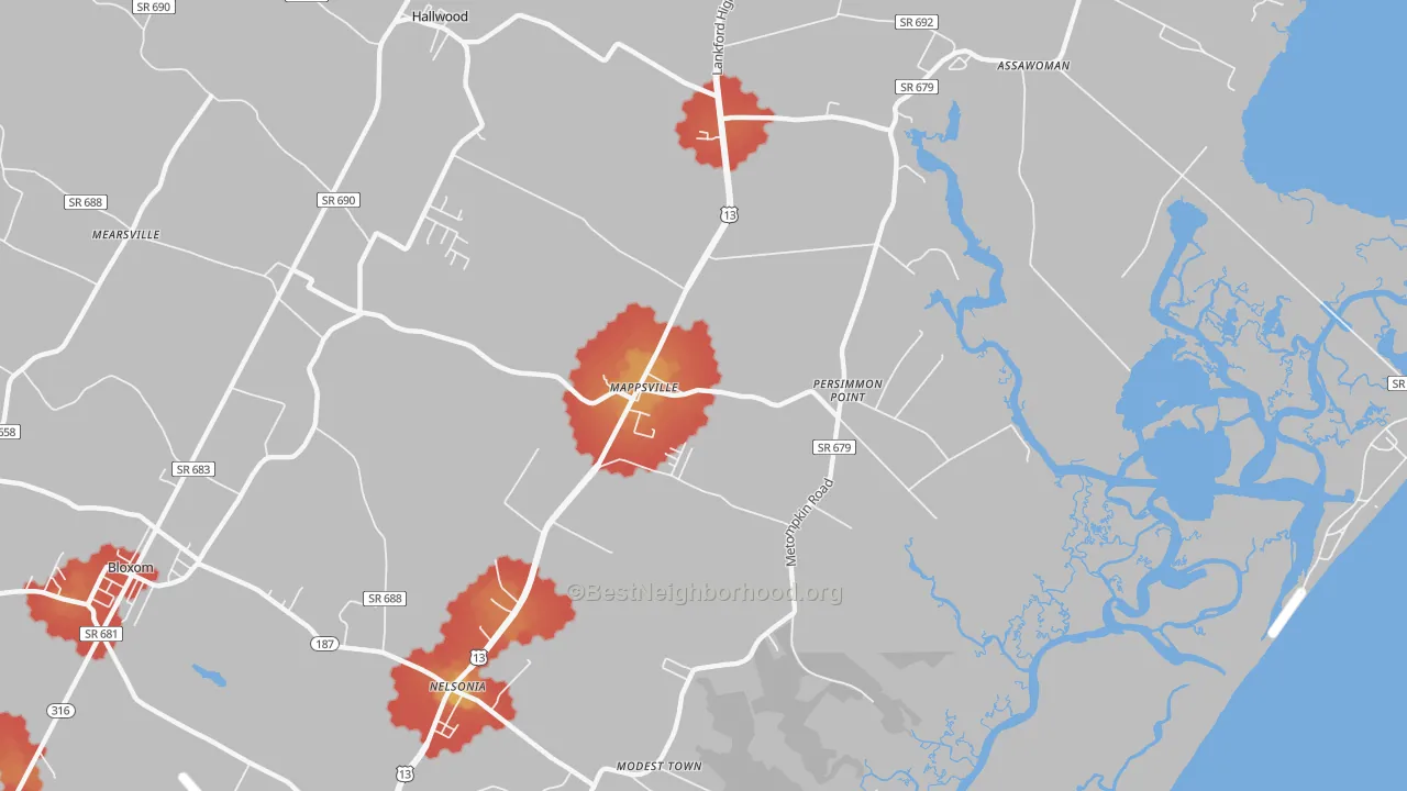 Walk Grade map of 23407, VA, walkable areas in green and car-dependent areas in red