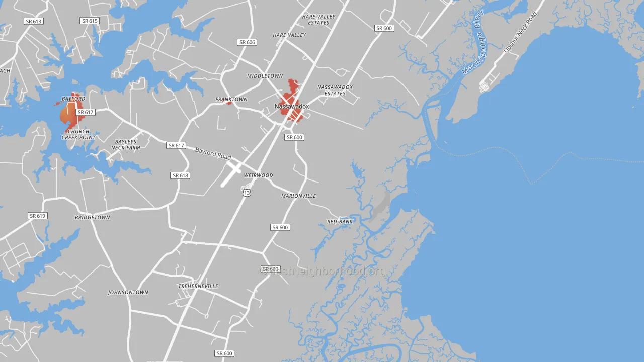 Walk Grade map of 23408, VA, walkable areas in green and car-dependent areas in red