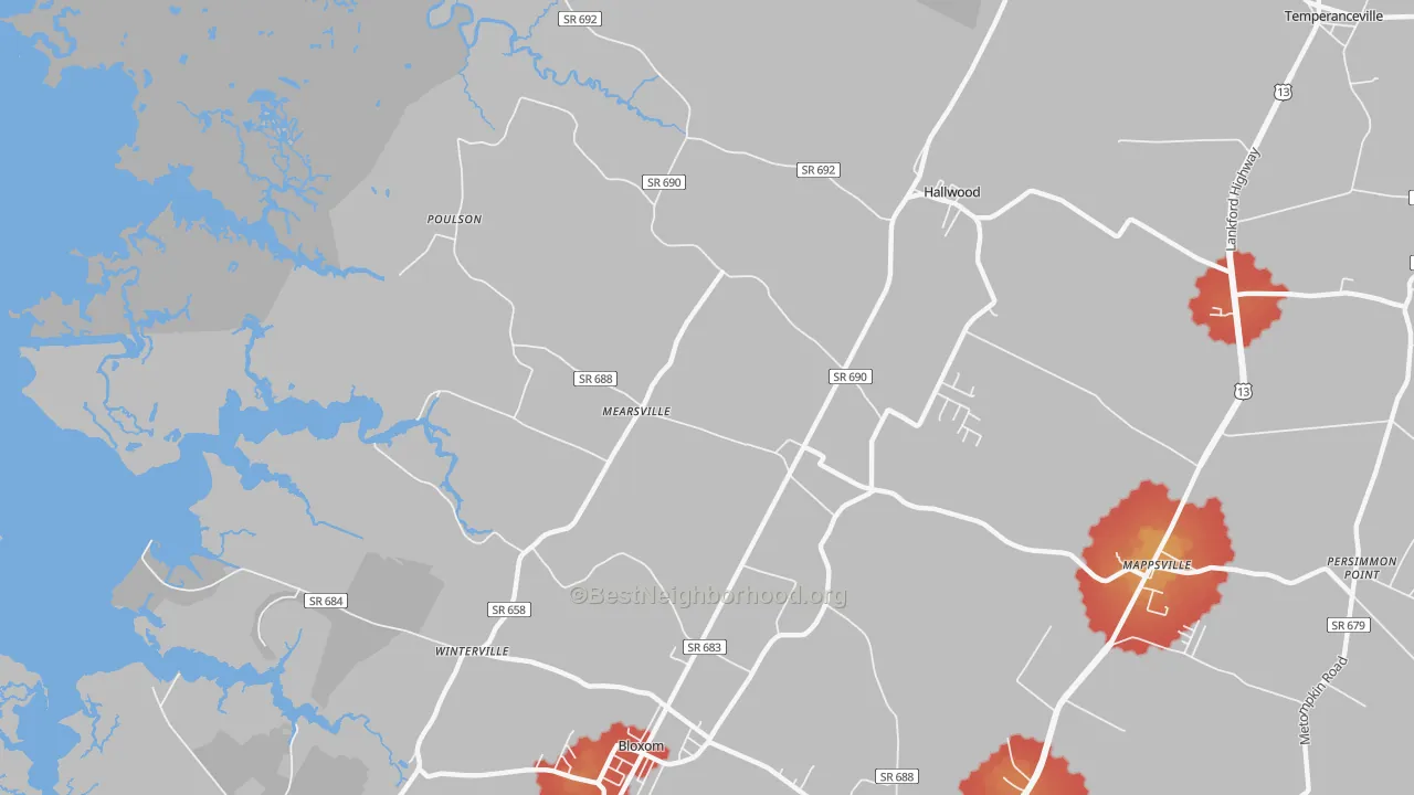 Walk Grade map of 23409, VA, walkable areas in green and car-dependent areas in red