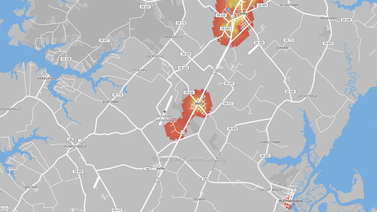 Walk Grade map of 23410, VA, walkable areas in green and car-dependent areas in red