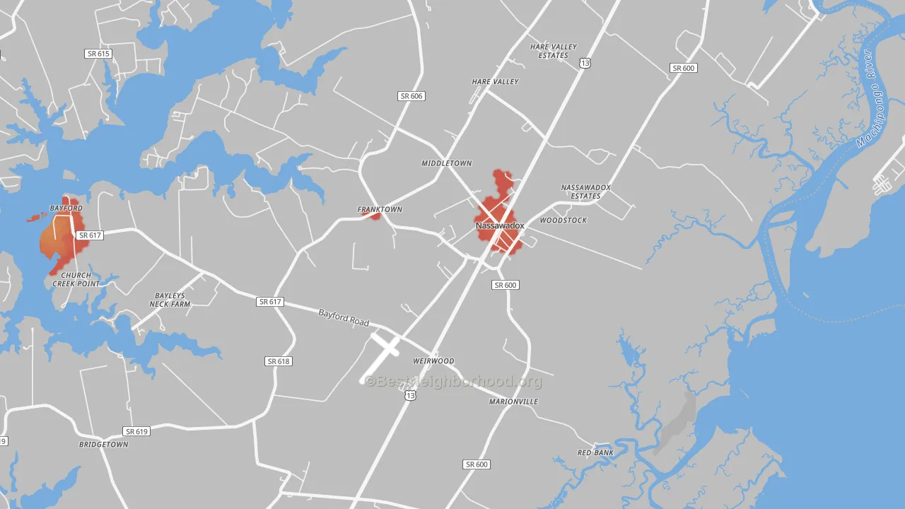 Walk Grade map of 23413, VA, walkable areas in green and car-dependent areas in red