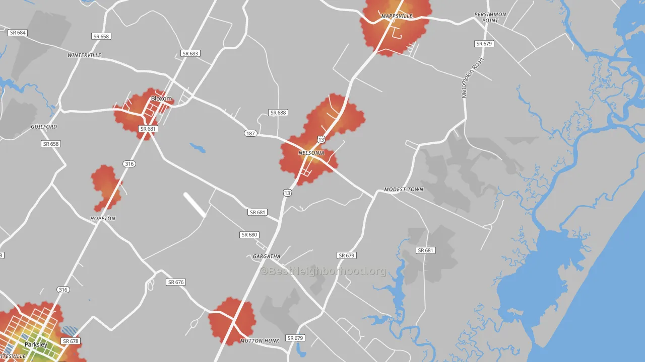 Walk Grade map of 23414, VA, walkable areas in green and car-dependent areas in red