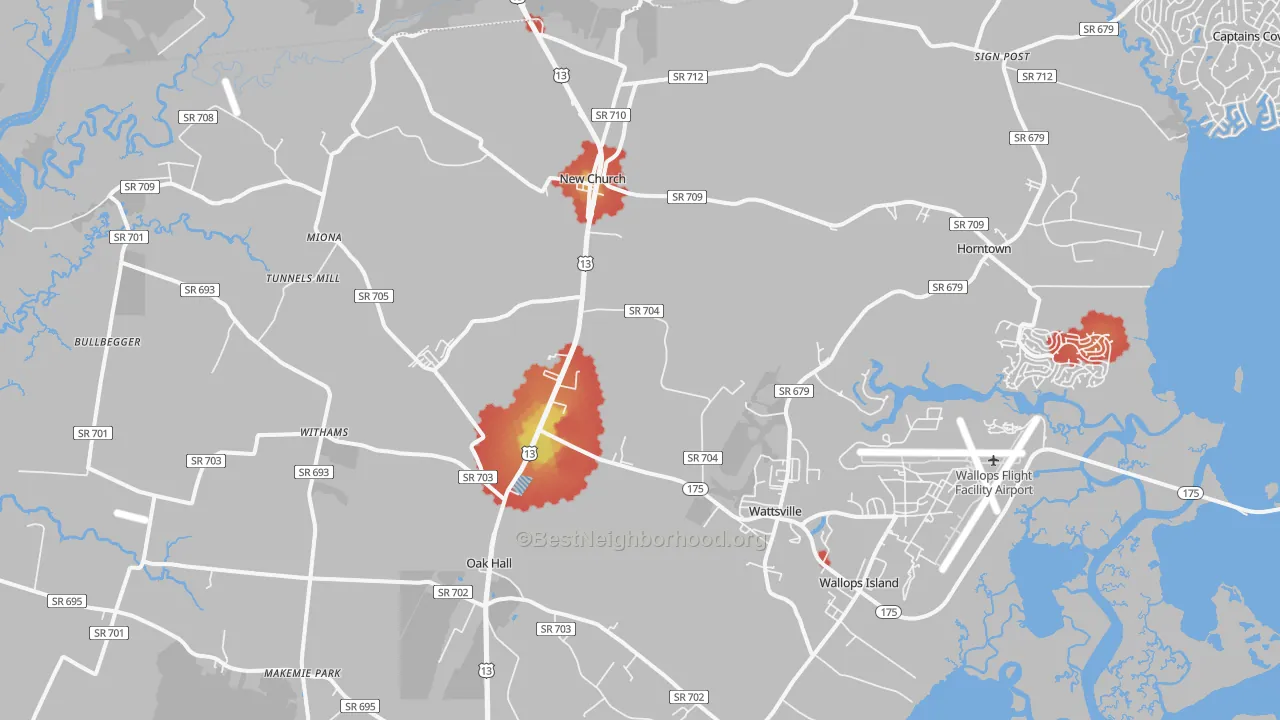 Walk Grade map of 23415, VA, walkable areas in green and car-dependent areas in red