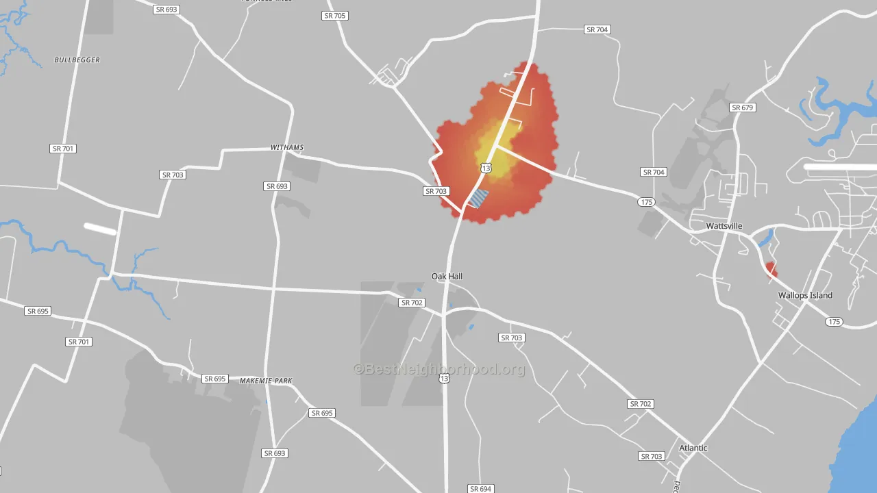 Walk Grade map of 23416, VA, walkable areas in green and car-dependent areas in red