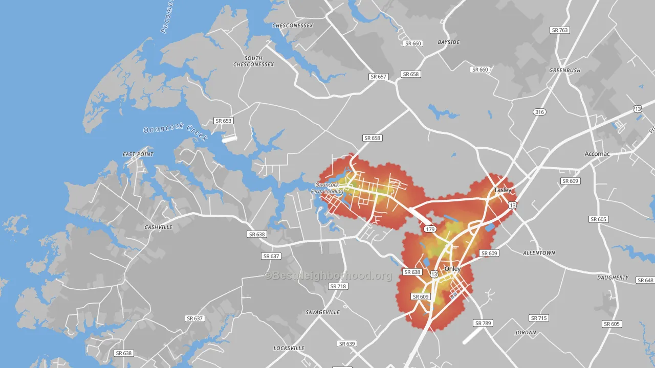 Walk Grade map of 23417, VA, walkable areas in green and car-dependent areas in red
