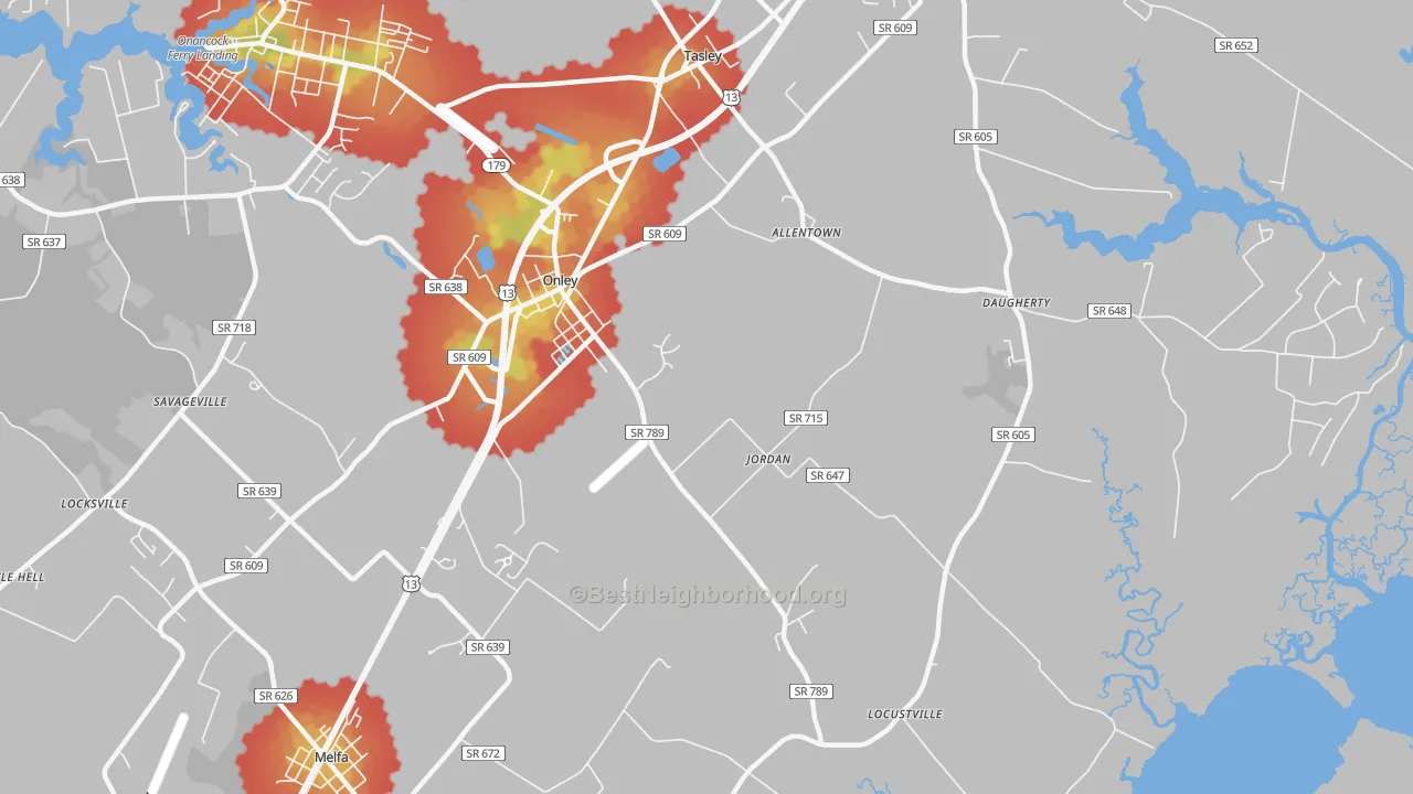 Walk Grade map of 23418, VA, walkable areas in green and car-dependent areas in red