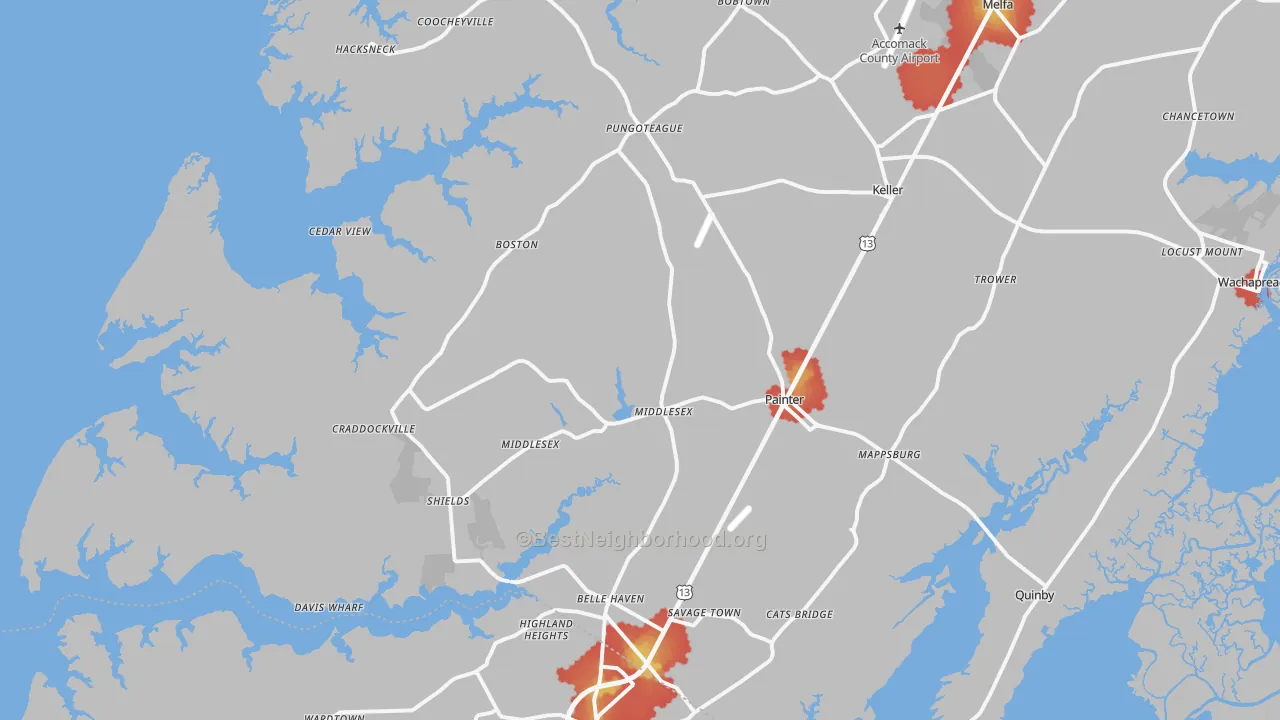 Walk Grade map of 23420, VA, walkable areas in green and car-dependent areas in red