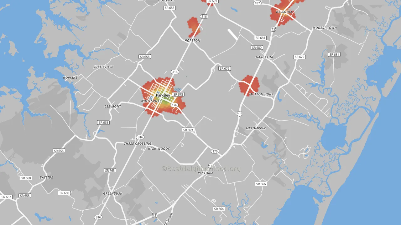Walk Grade map of 23421, VA, walkable areas in green and car-dependent areas in red
