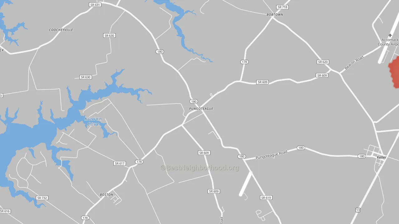 Walk Grade map of 23422, VA, walkable areas in green and car-dependent areas in red