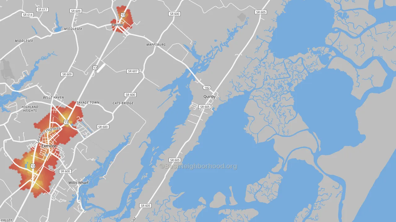 Walk Grade map of 23423, VA, walkable areas in green and car-dependent areas in red