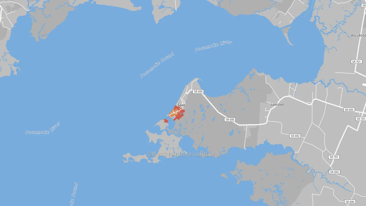 Walk Grade map of 23427, VA, walkable areas in green and car-dependent areas in red