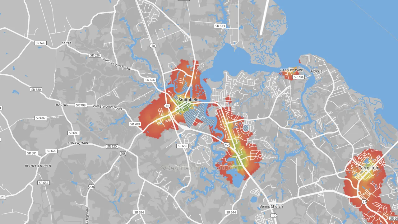 Walk Grade map of 23430, VA, walkable areas in green and car-dependent areas in red