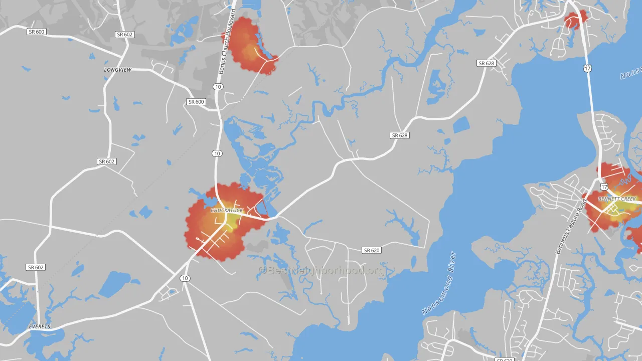 Walk Grade map of 23432, VA, walkable areas in green and car-dependent areas in red