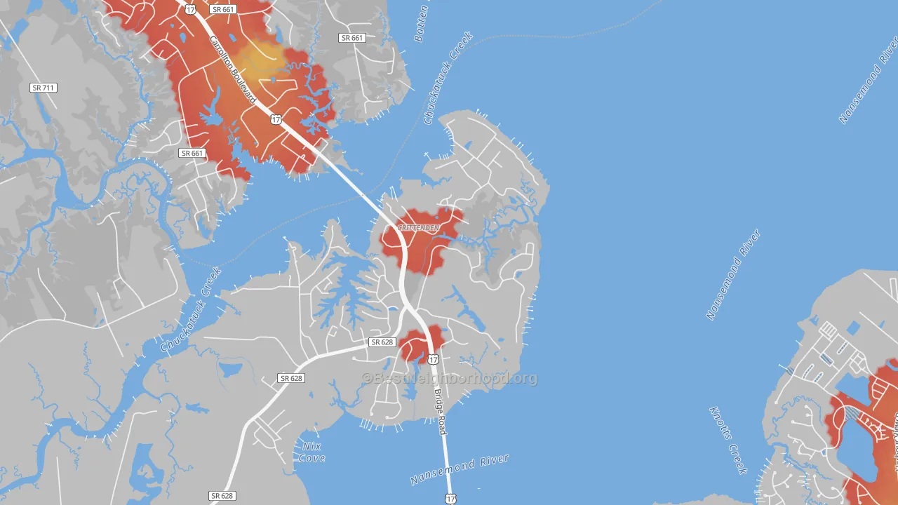 Walk Grade map of 23433, VA, walkable areas in green and car-dependent areas in red