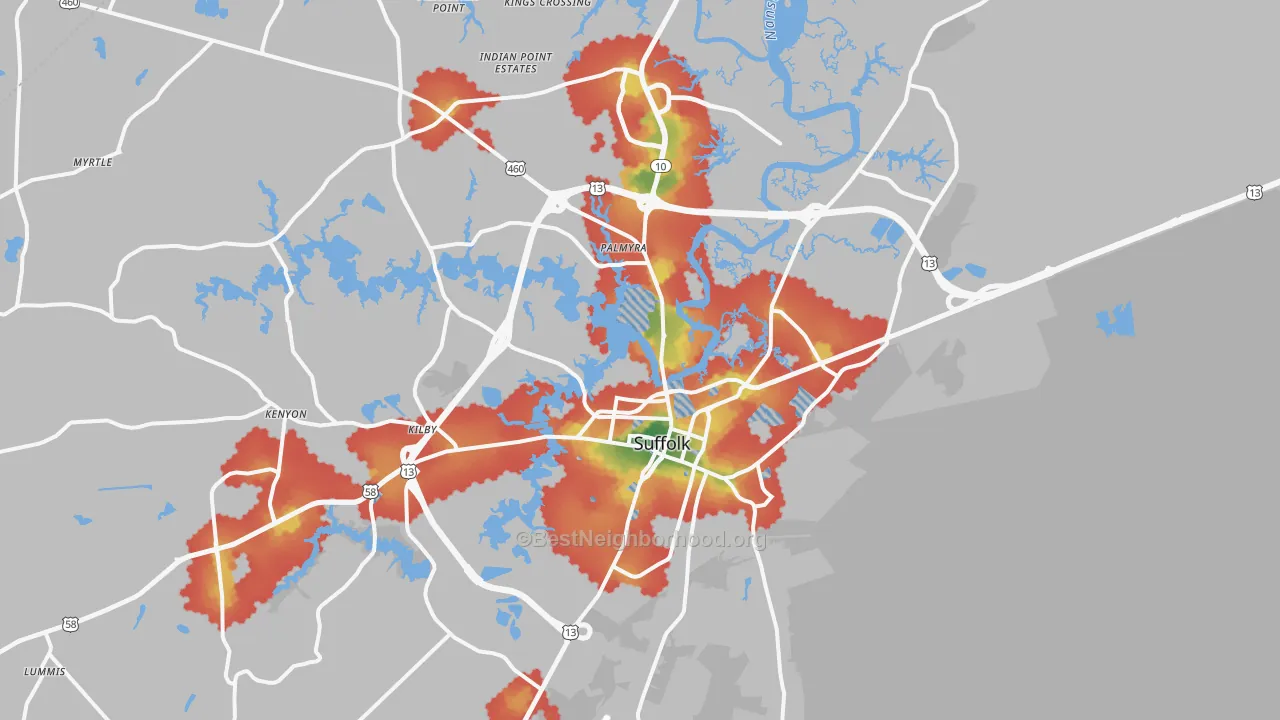 Walk Grade map of 23434, VA, walkable areas in green and car-dependent areas in red