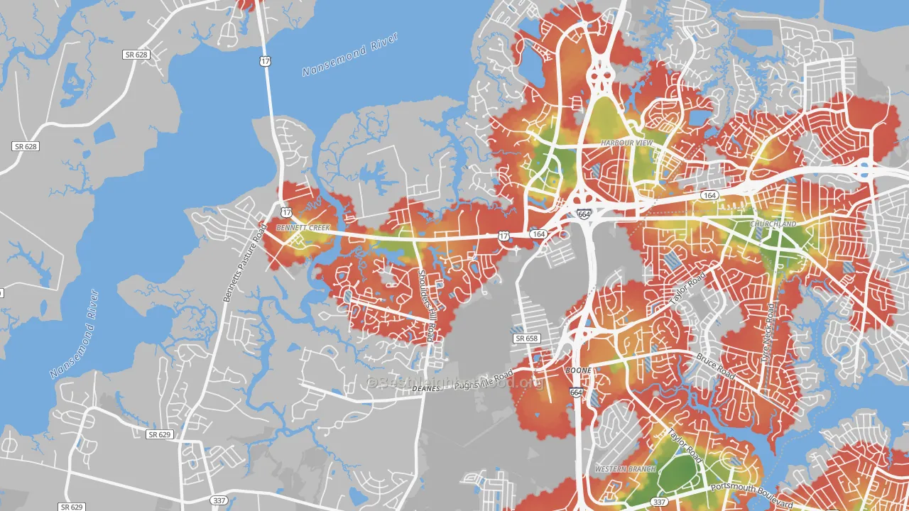 Walk Grade map of 23435, VA, walkable areas in green and car-dependent areas in red