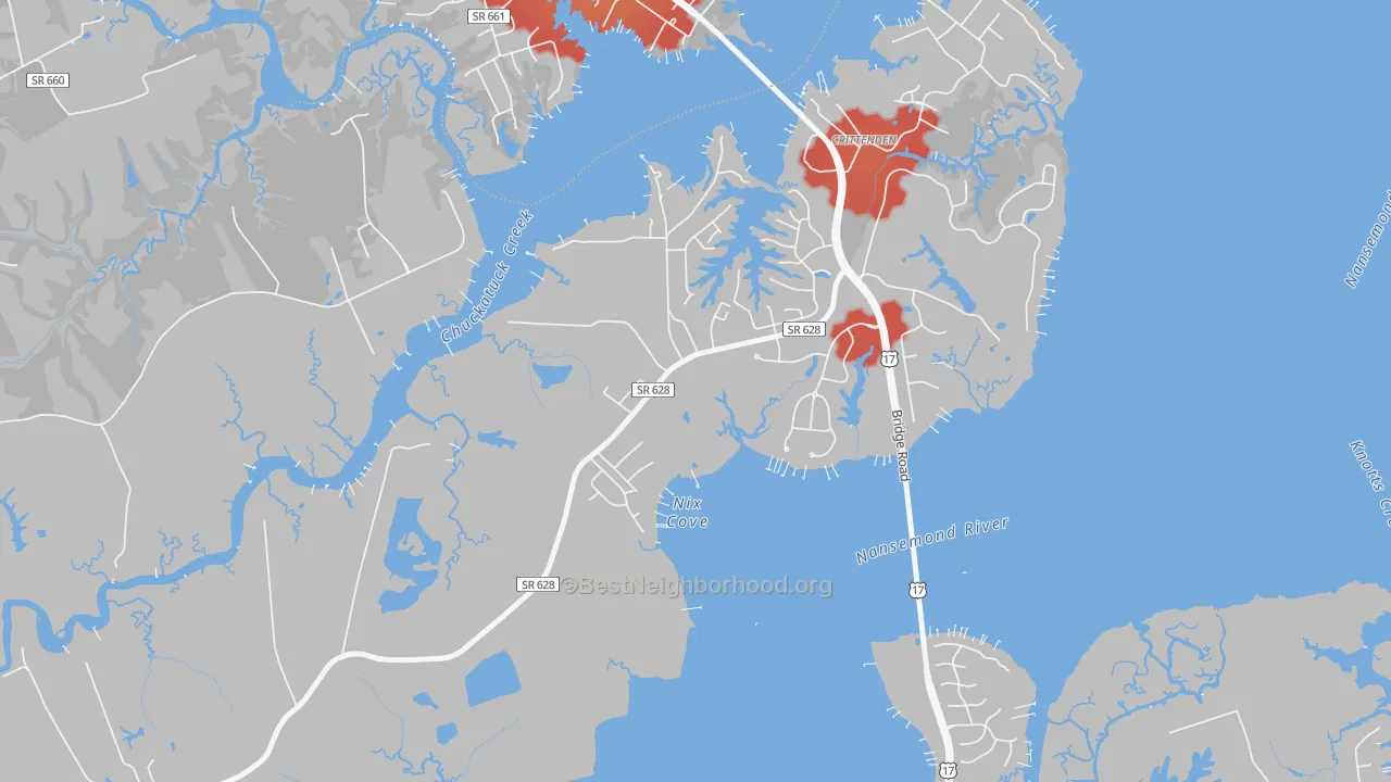 Walk Grade map of 23436, VA, walkable areas in green and car-dependent areas in red