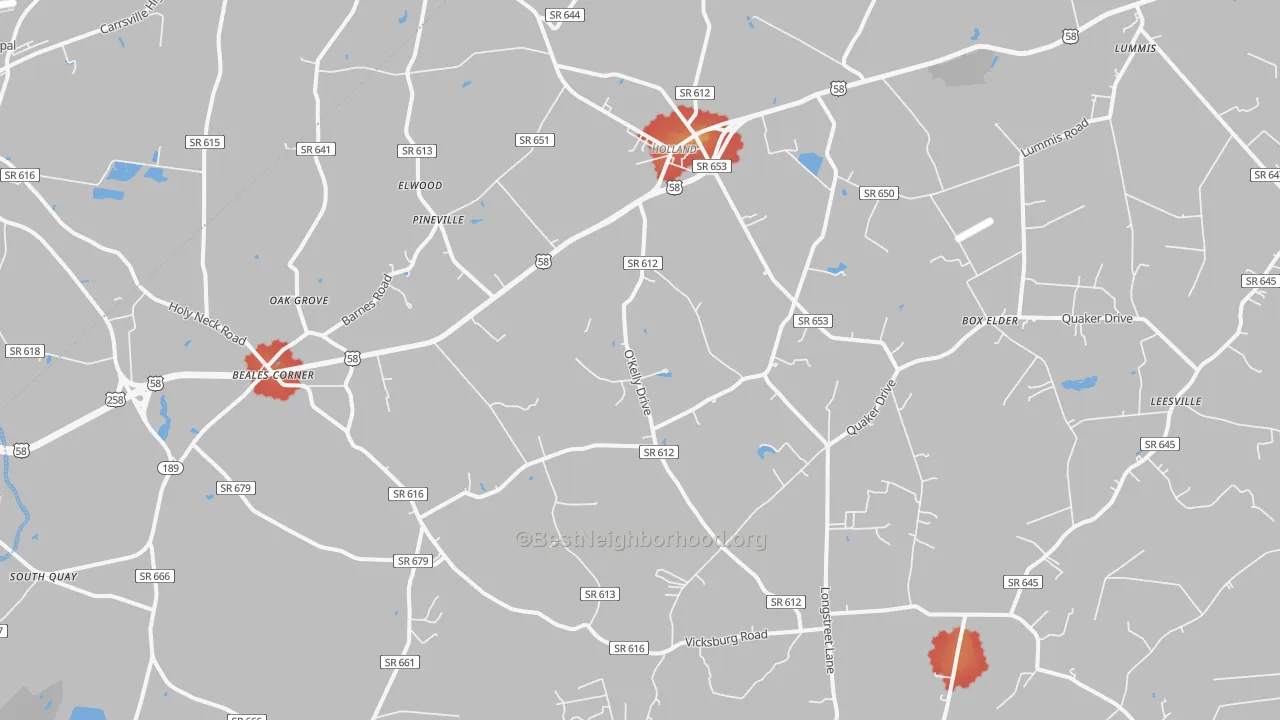Walk Grade map of 23437, VA, walkable areas in green and car-dependent areas in red