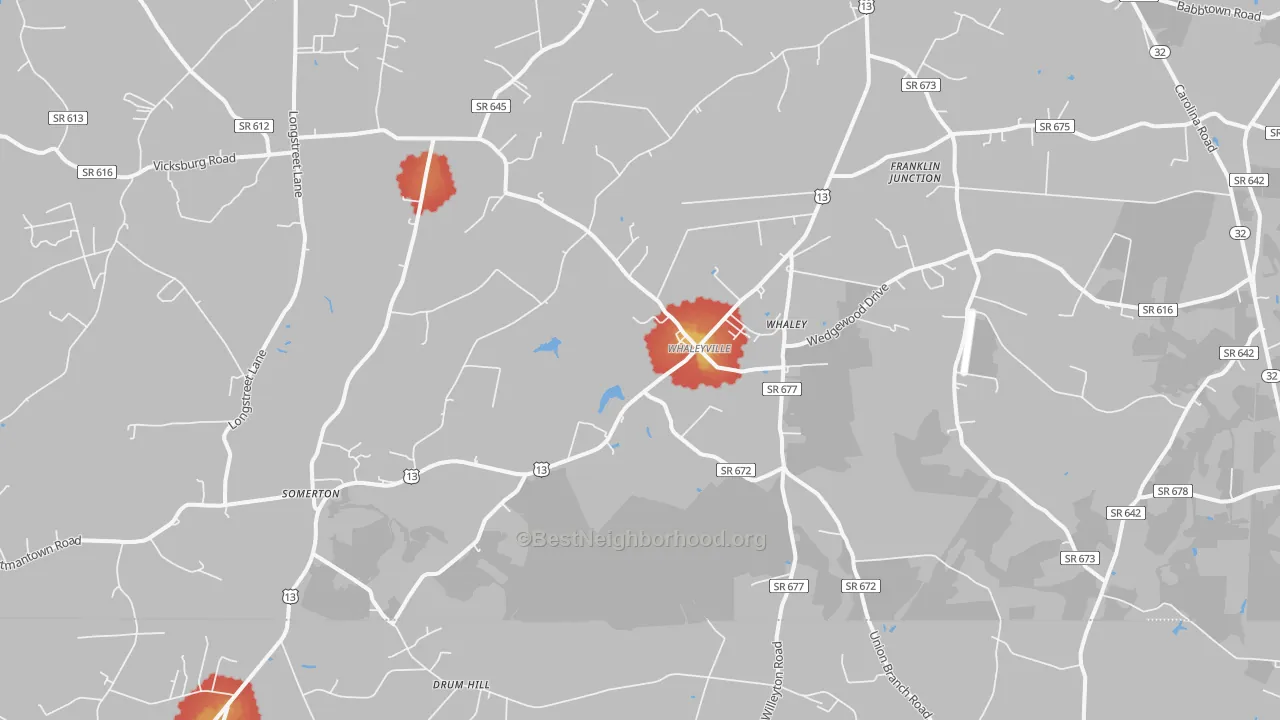 Walk Grade map of 23438, VA, walkable areas in green and car-dependent areas in red