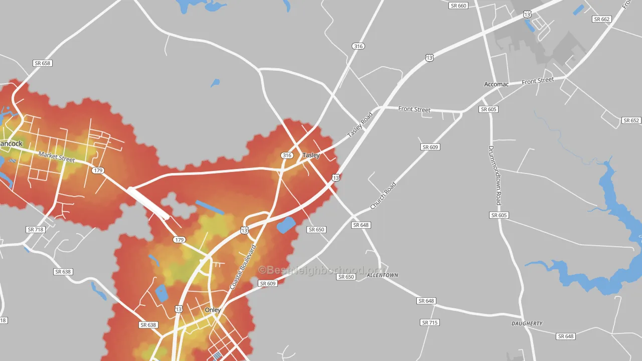 Walk Grade map of 23441, VA, walkable areas in green and car-dependent areas in red