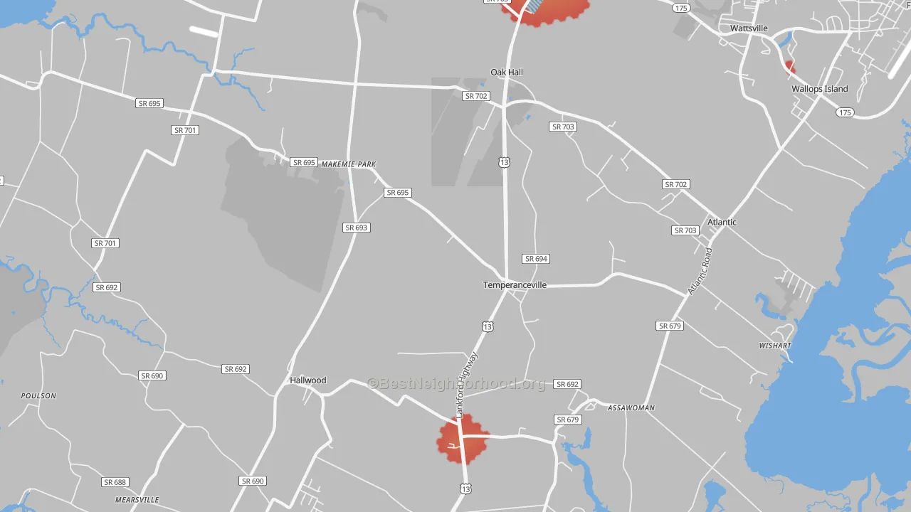 Walk Grade map of 23442, VA, walkable areas in green and car-dependent areas in red