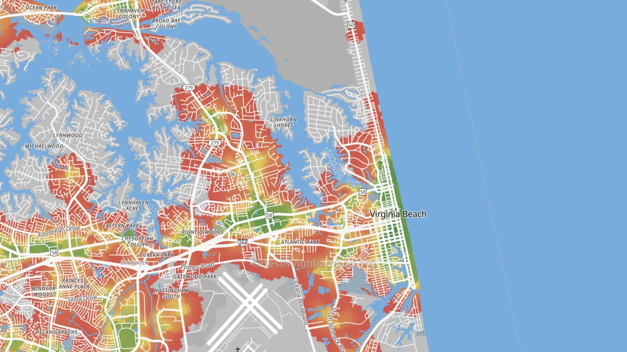 Walk Grade map of 23451, VA, walkable areas in green and car-dependent areas in red