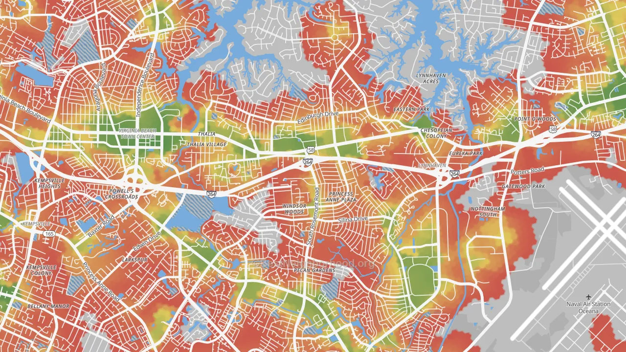 Walk Grade map of 23452, VA, walkable areas in green and car-dependent areas in red