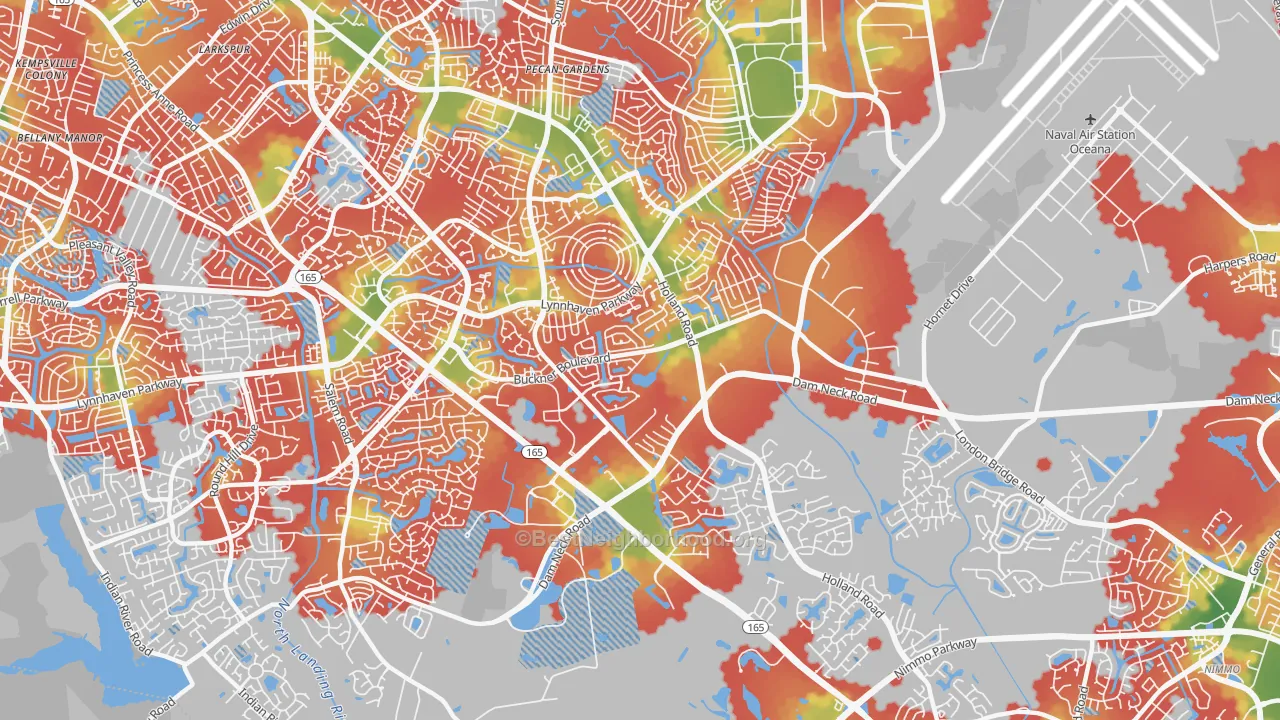 Walk Grade map of 23453, VA, walkable areas in green and car-dependent areas in red