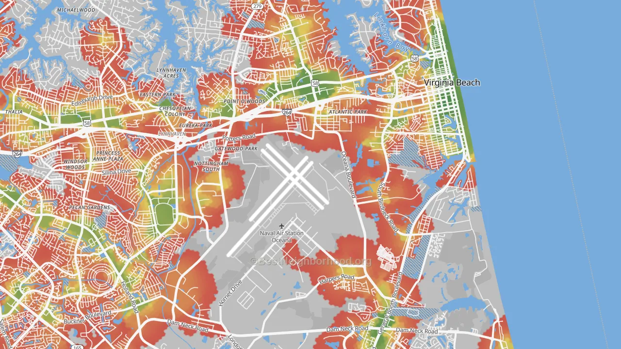 Walk Grade map of 23454, VA, walkable areas in green and car-dependent areas in red