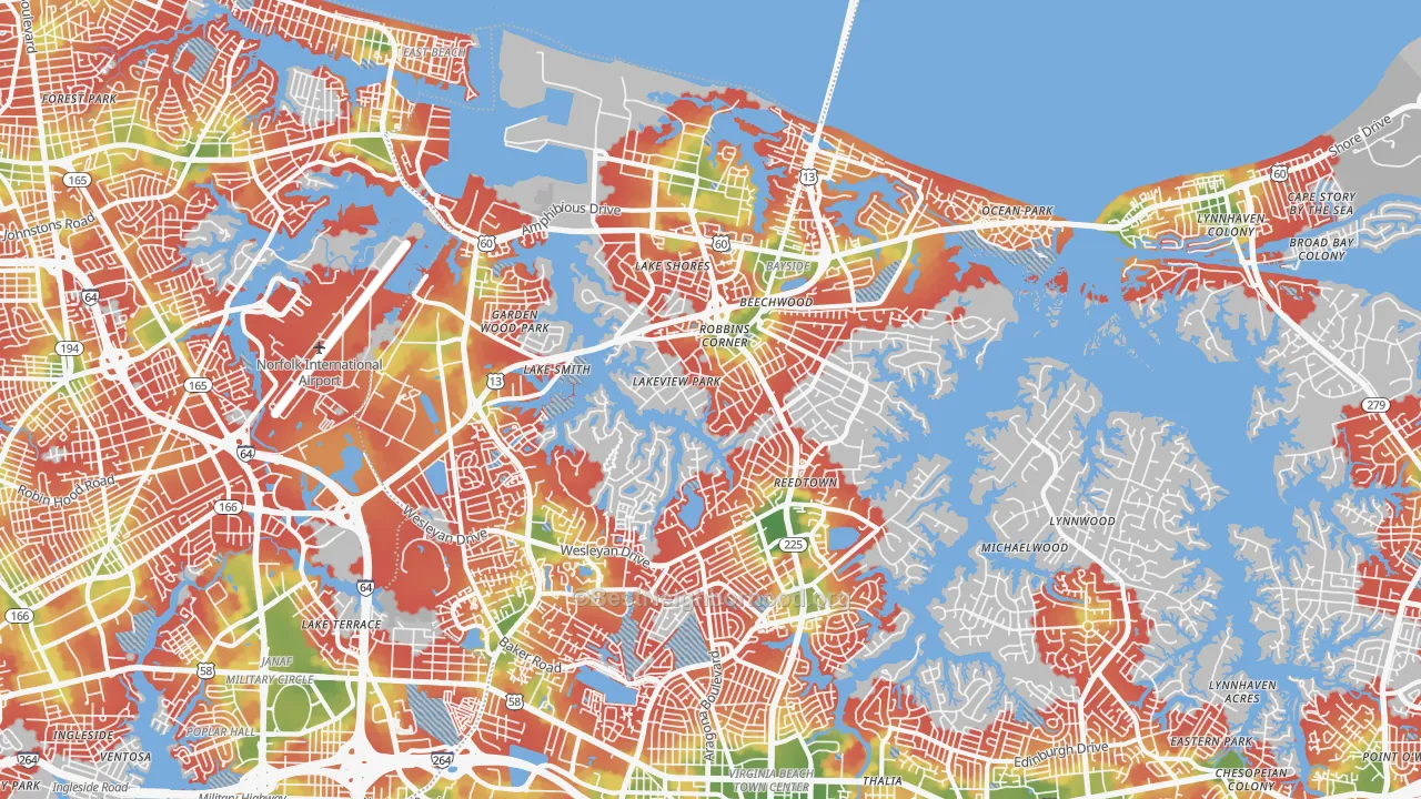 Walk Grade map of 23455, VA, walkable areas in green and car-dependent areas in red