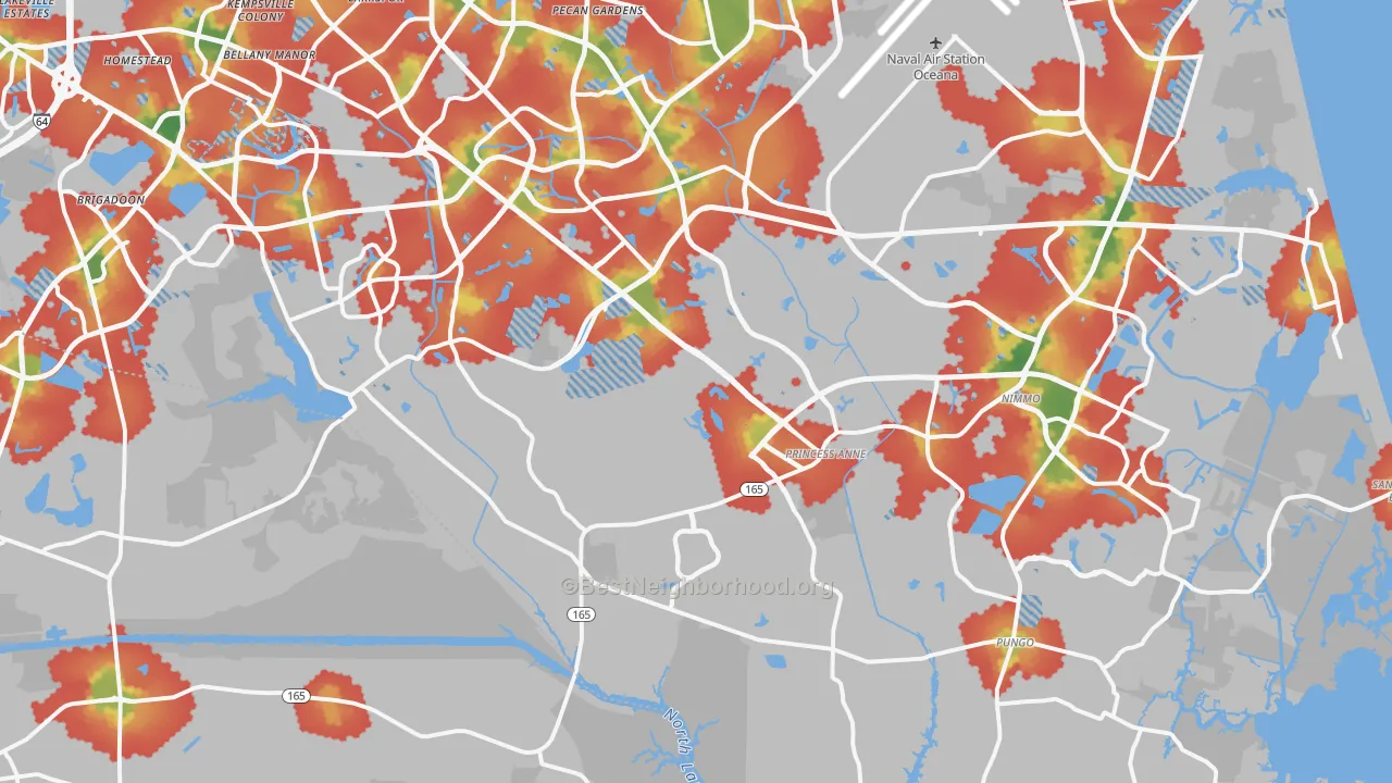 Walk Grade map of 23456, VA, walkable areas in green and car-dependent areas in red