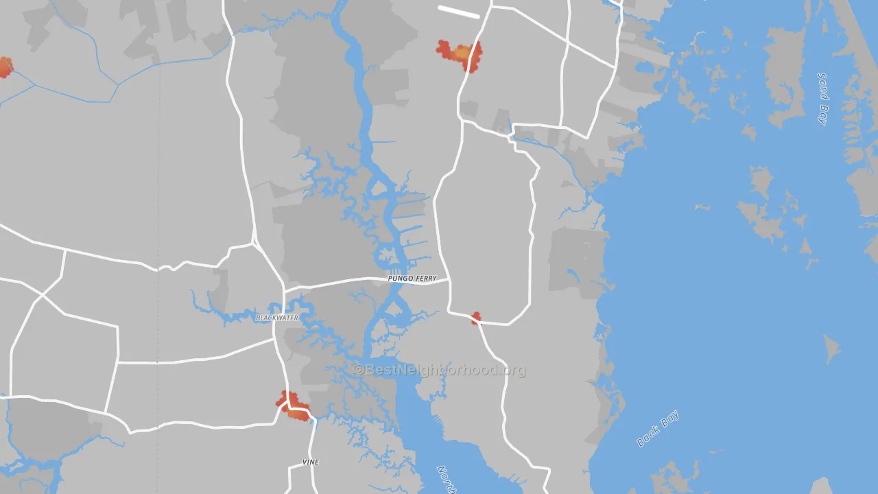 Walk Grade map of 23457, VA, walkable areas in green and car-dependent areas in red