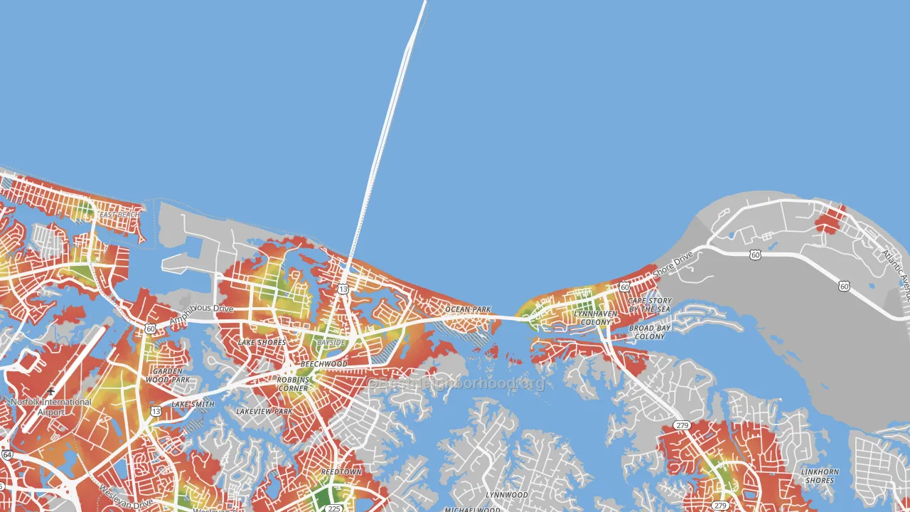 Walk Grade map of 23459, VA, walkable areas in green and car-dependent areas in red