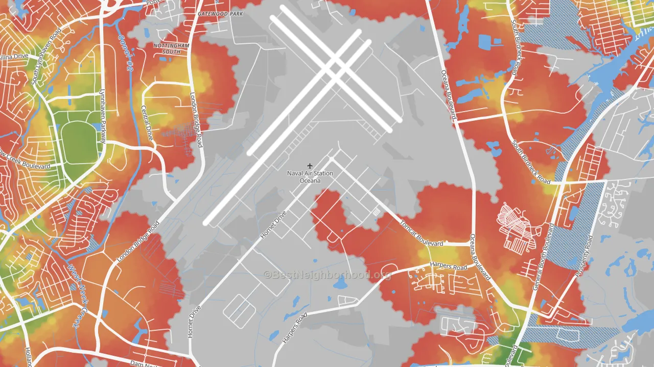 Walk Grade map of 23460, VA, walkable areas in green and car-dependent areas in red