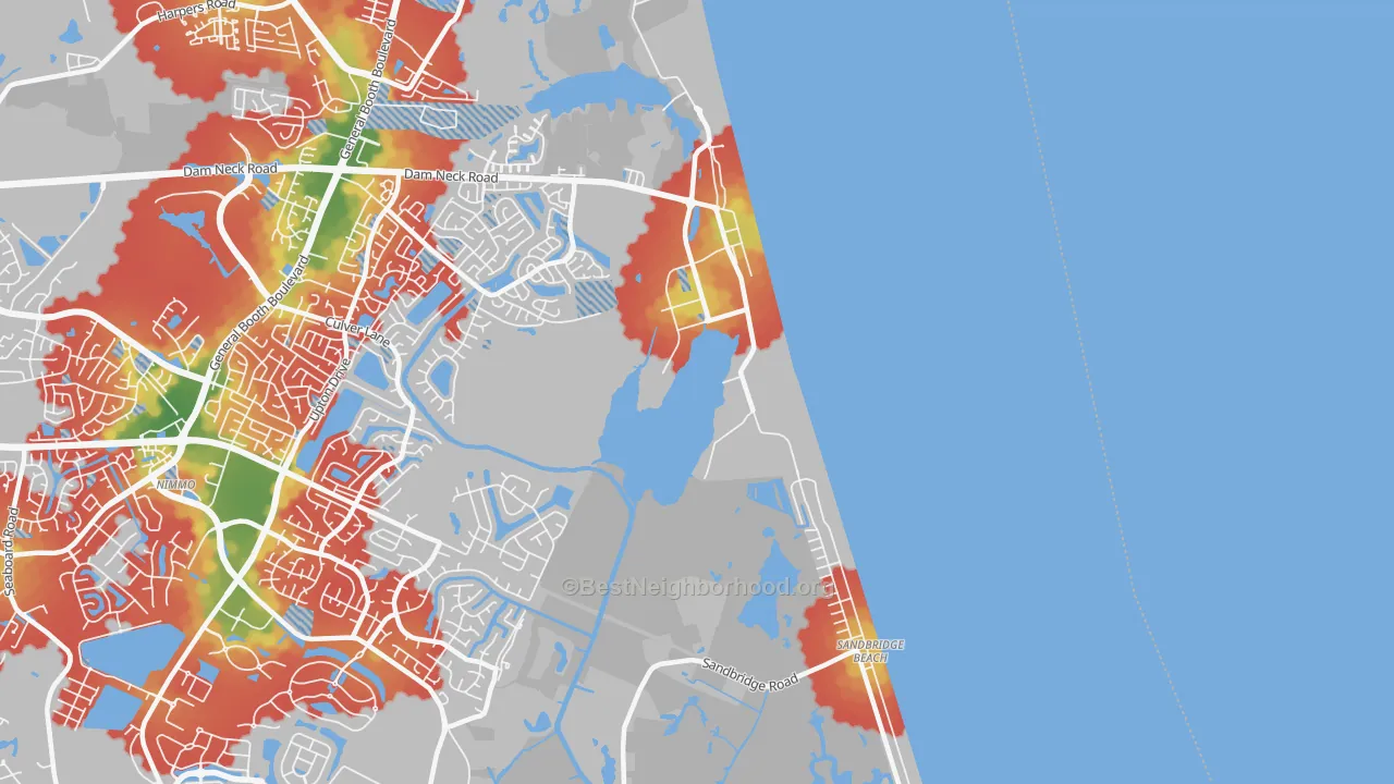 Walk Grade map of 23461, VA, walkable areas in green and car-dependent areas in red