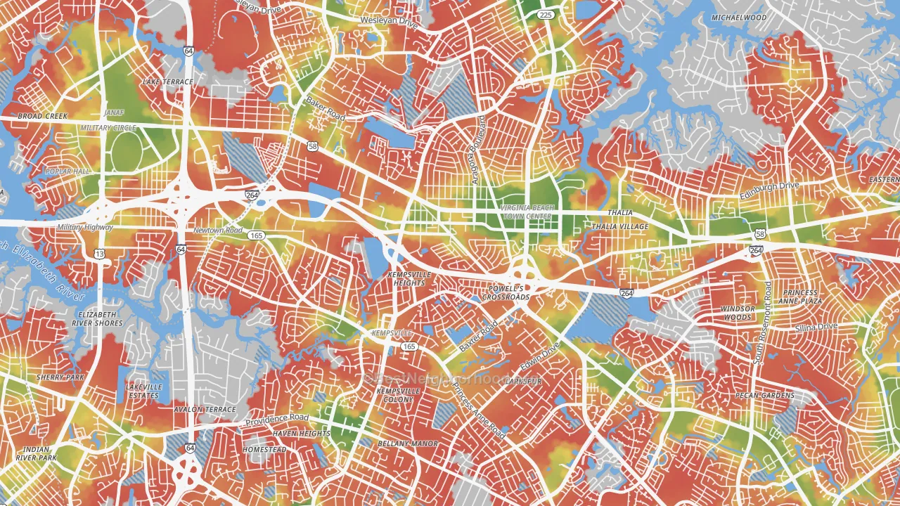 Walk Grade map of 23462, VA, walkable areas in green and car-dependent areas in red