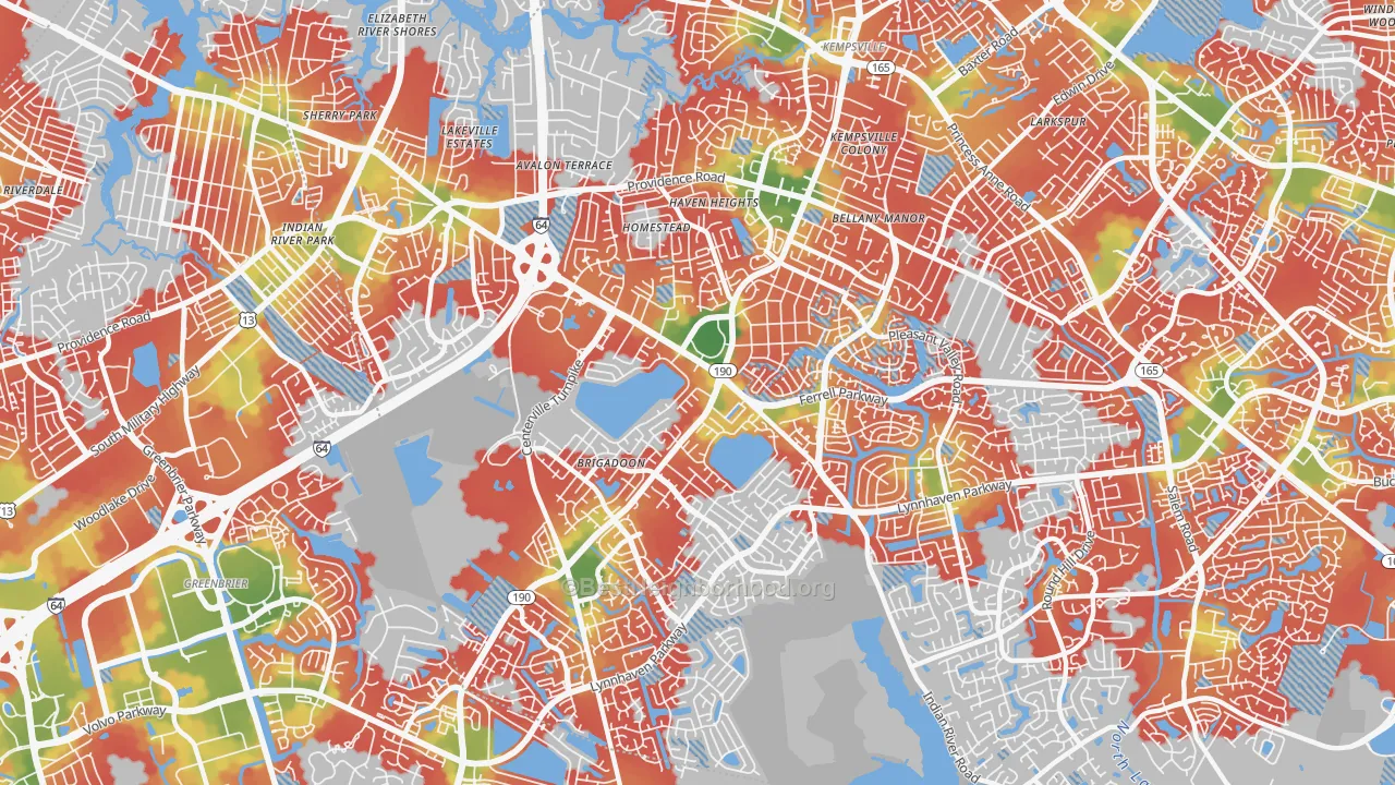 Walk Grade map of 23464, VA, walkable areas in green and car-dependent areas in red