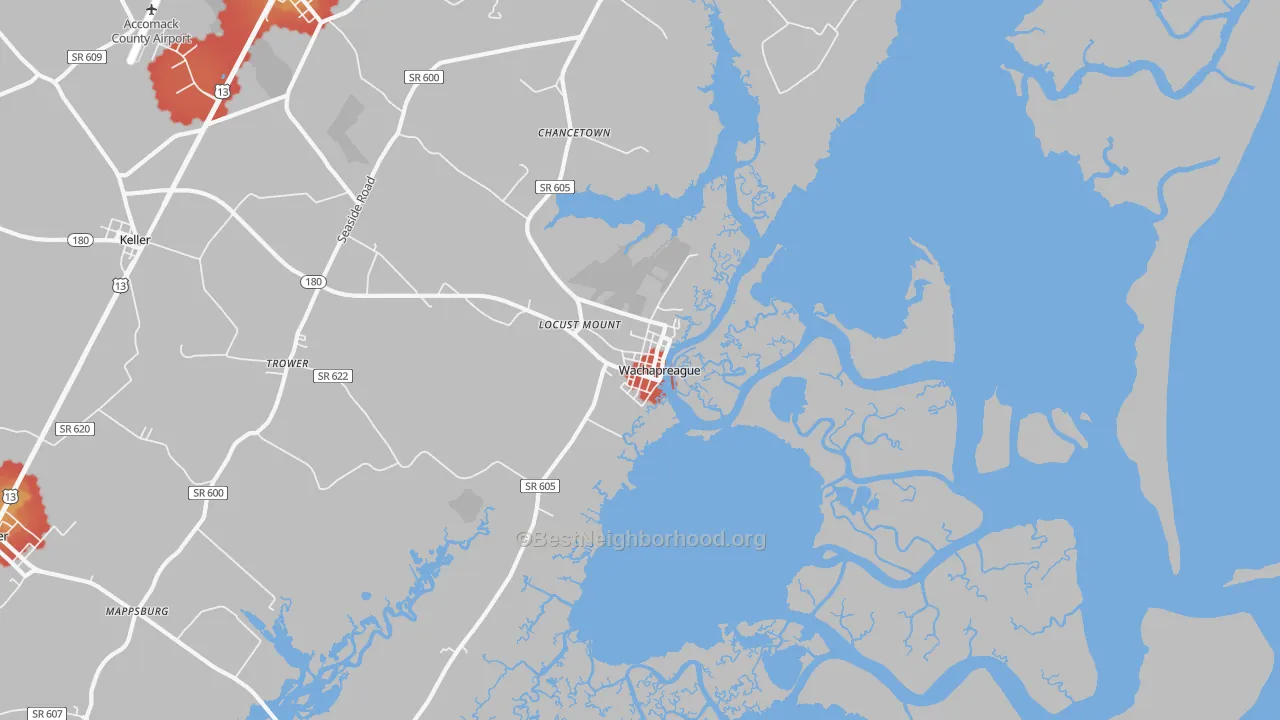 Walk Grade map of 23480, VA, walkable areas in green and car-dependent areas in red