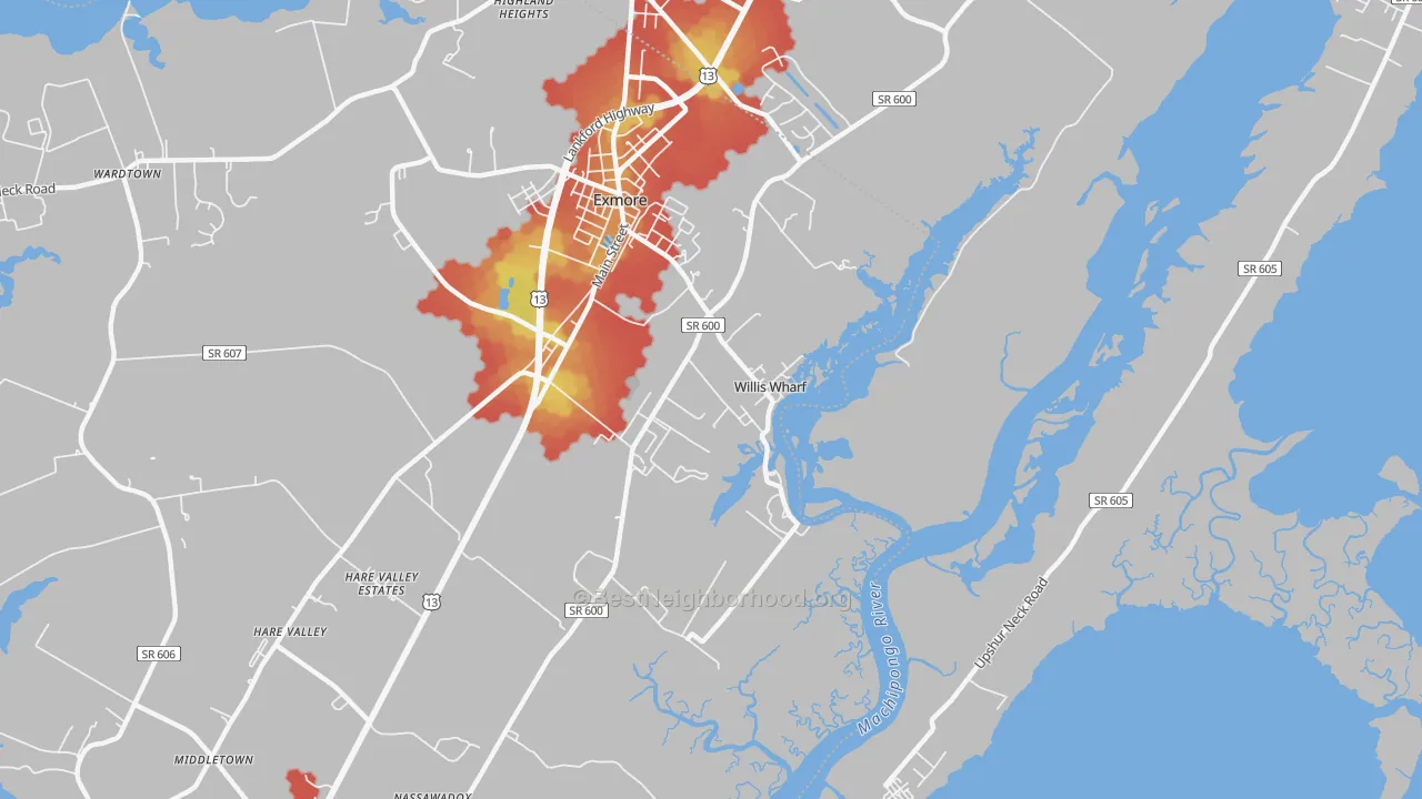 Walk Grade map of 23486, VA, walkable areas in green and car-dependent areas in red